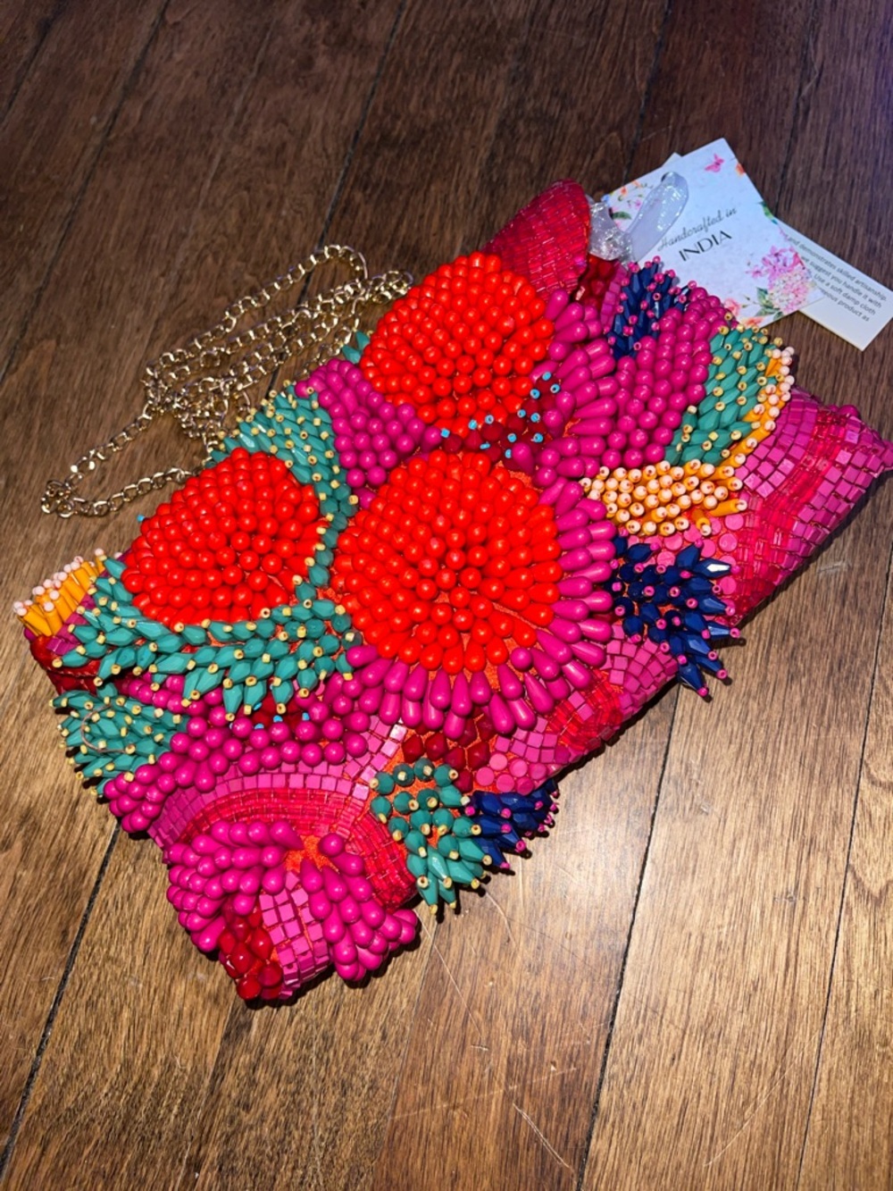 NEW Hand-Beaded Pink vibrant Multi-Color Clutch